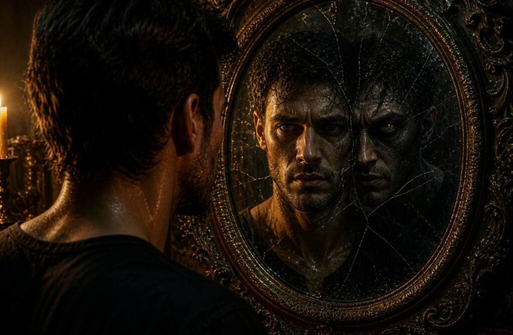 Person looking into mirror showing both their own reflection and a shadowy energy-draining counterpart