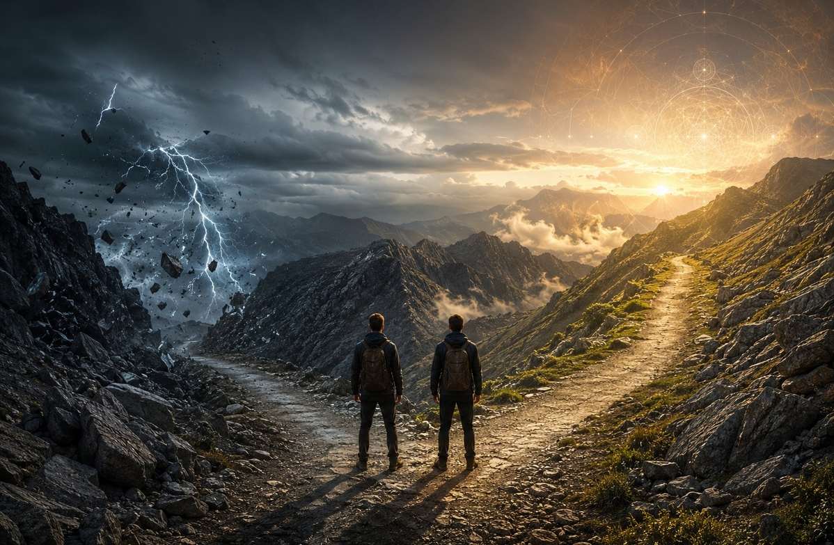 Two figures at a fork in a mountain path: one path leads into storm and fragmentation, the other into calm light and integration