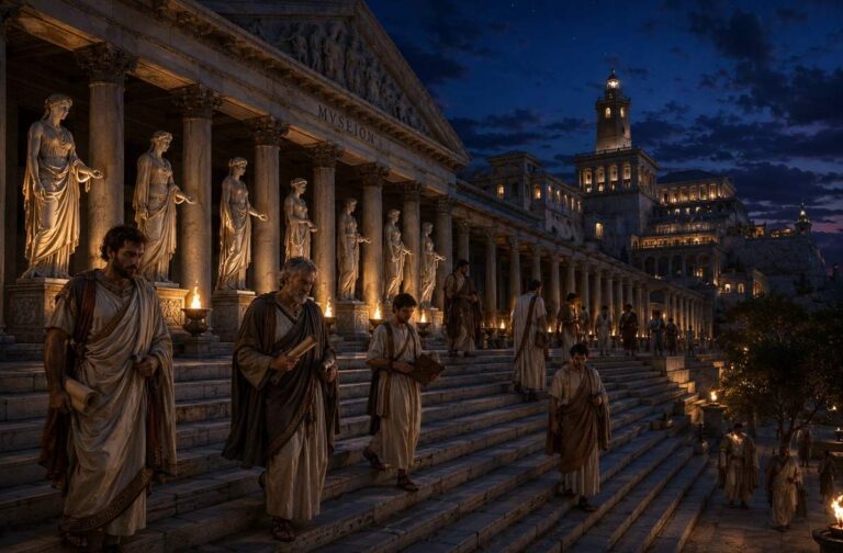 The Musaeum of Alexandria at twilight with scholars and Muses statues