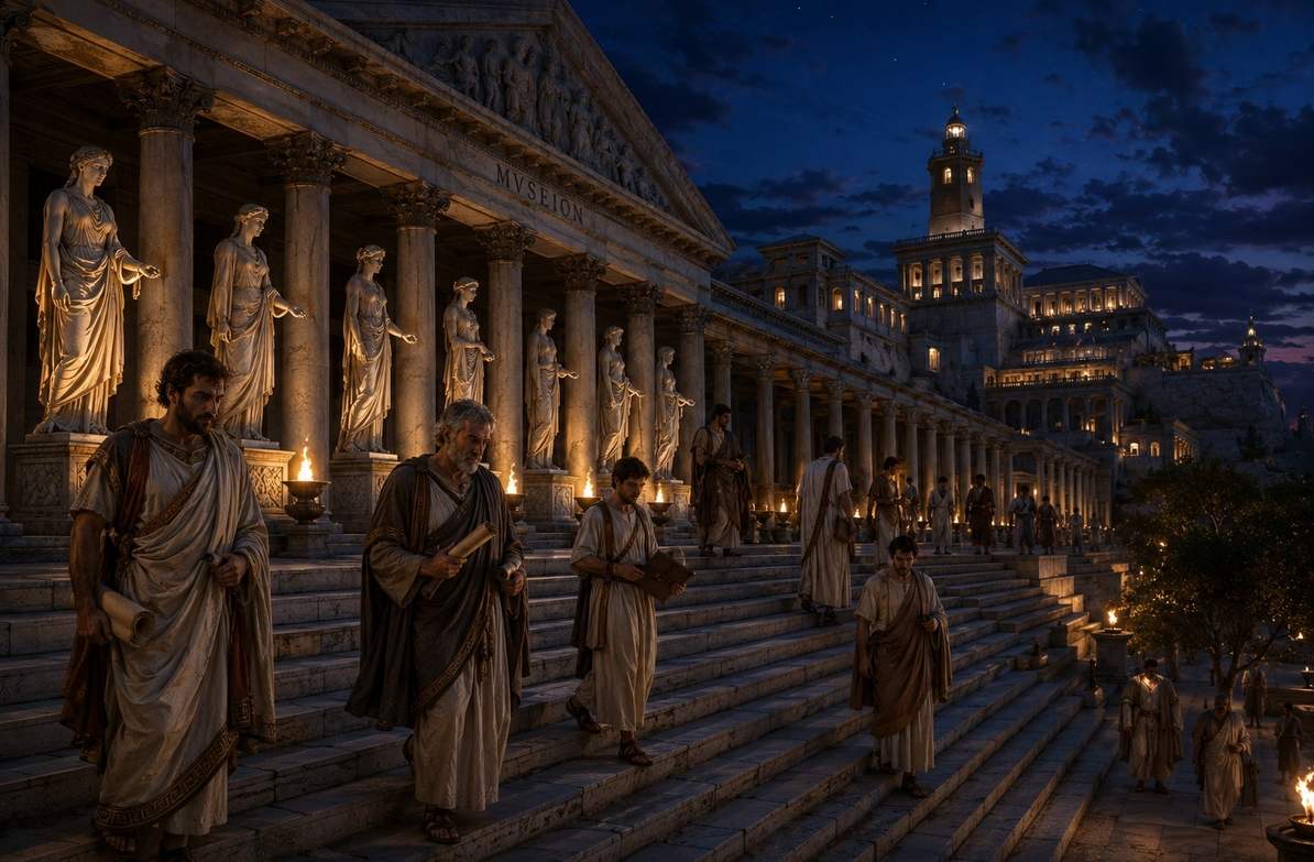 The Musaeum of Alexandria at twilight with scholars and Muses statues