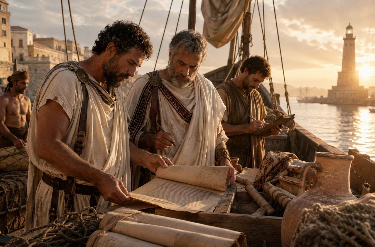Ancient Alexandrian customs officials inspecting scrolls on a merchant ship at sunset