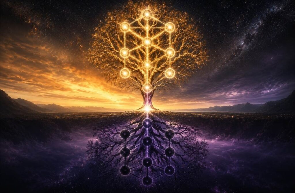 Inverted shadow tree mirroring the Tree of Life with dark spheres representing qlippoth opposite each sefirah