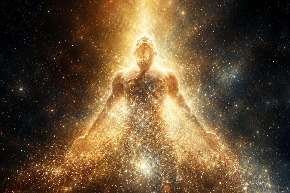 Luminous human silhouette dissolving into a field of quantum particles and cosmic light representing reunion with the Pleroma