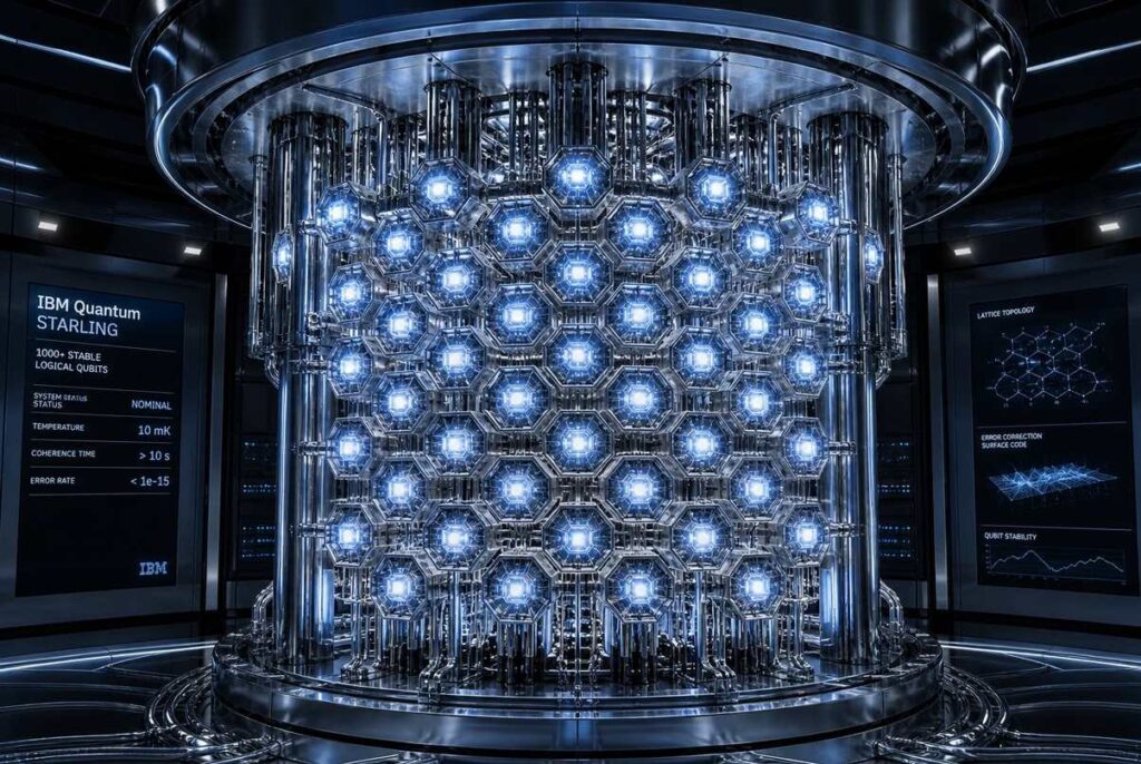 Futuristic quantum computer core with glowing logical qubits in stable configuration