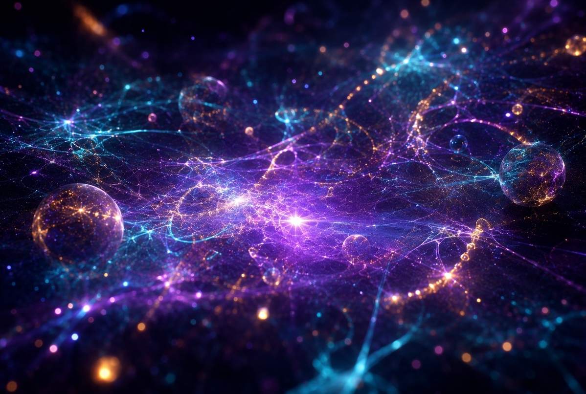 Abstract visualization of quantum vacuum fluctuations with luminous particles emerging from dark space representing consciousness as field phenomenon