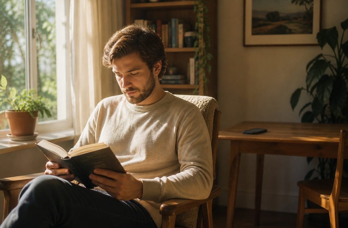 A person reading a physical book in a sunlit room with a smartphone turned face-down on a distant table, representing the restoration of deep attention and stopping cues