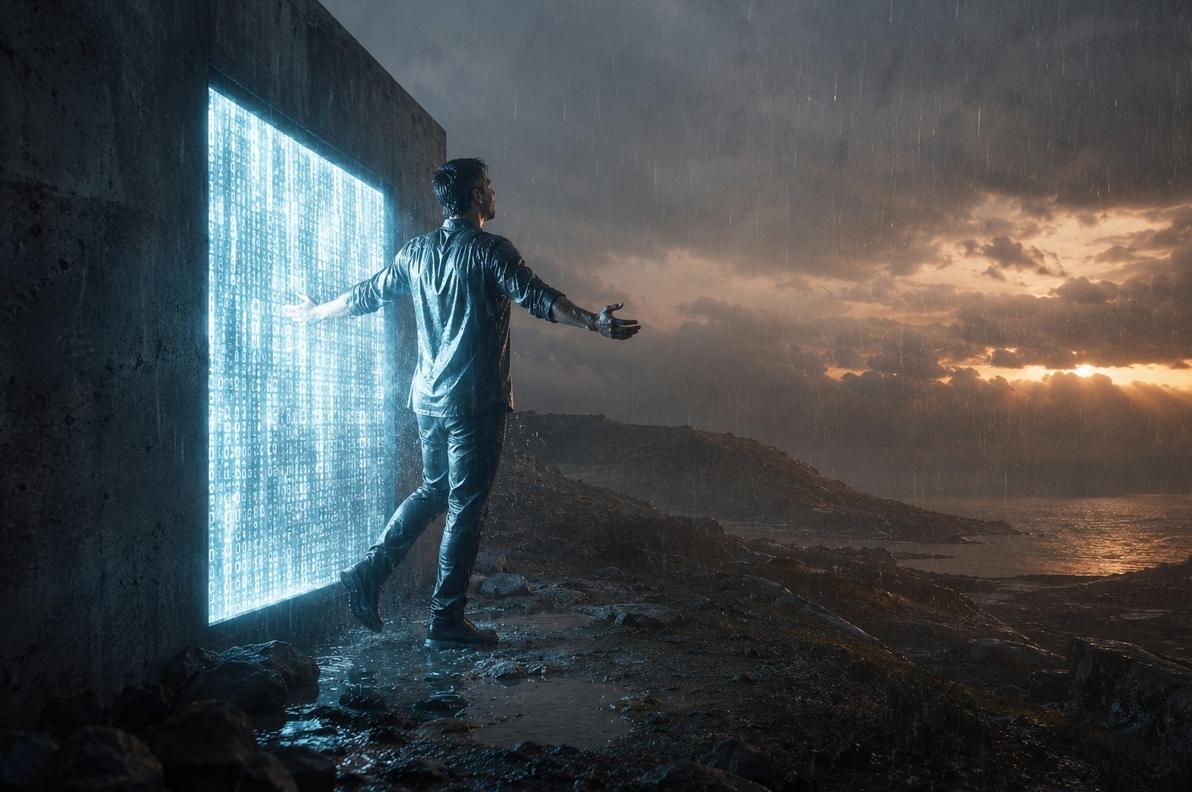 Human figure stepping out of a glowing digital screen into a natural rainstorm at twilight