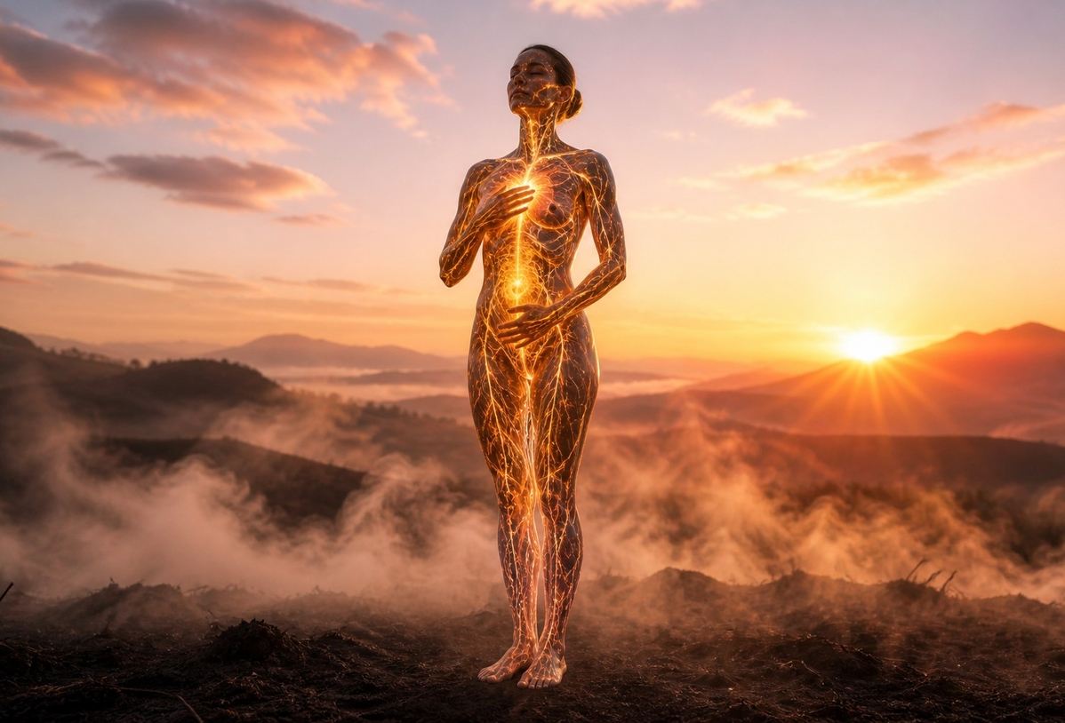 A figure standing barefoot on earth with hands on heart and belly, golden neural patterns visible beneath translucent skin, representing somatic authority