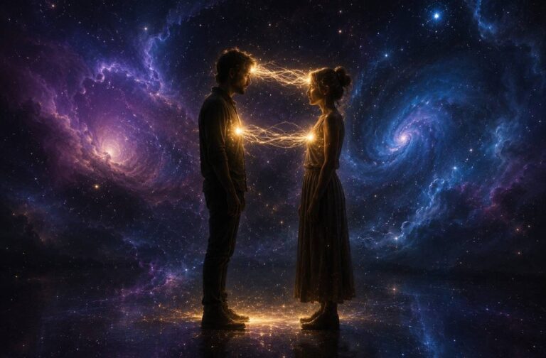 Two human silhouettes connected by golden light threads in a starfield, representing awakened consciousness meeting itself