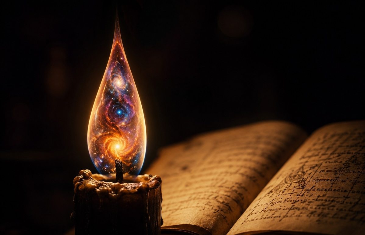 Single candle flame containing miniature galaxy illuminating ancient manuscript