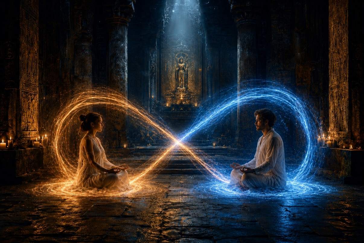 Two meditators in ancient stone hall with visible bioluminescent energy fields connecting them