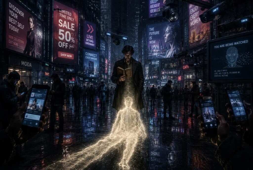 Solitary figure reading ancient book amid digital billboards and surveillance cameras with luminous shadow