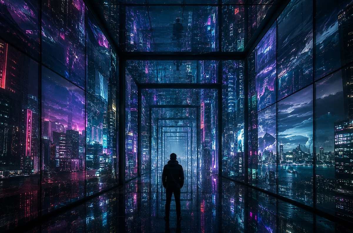 Infinite mirror corridor with nested cyberpunk cities reflecting into endless depth representing recursive simulated realities