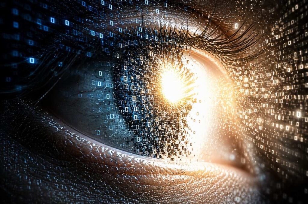 Human eye dissolving into cascading digital fragments revealing pure light beneath