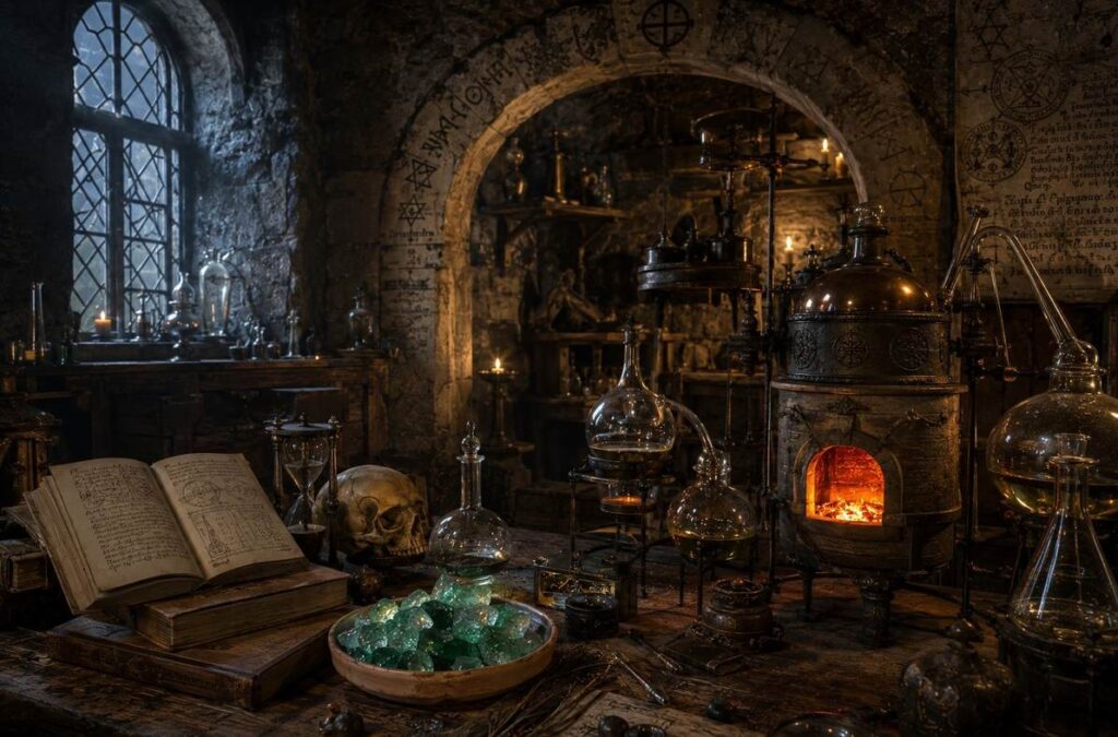 Renaissance alchemical atelier with glowing furnace, glass retorts, and hermetic symbols.