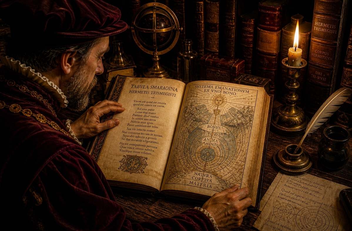 Renaissance scholar studying illuminated Hermetic manuscript in candlelit library