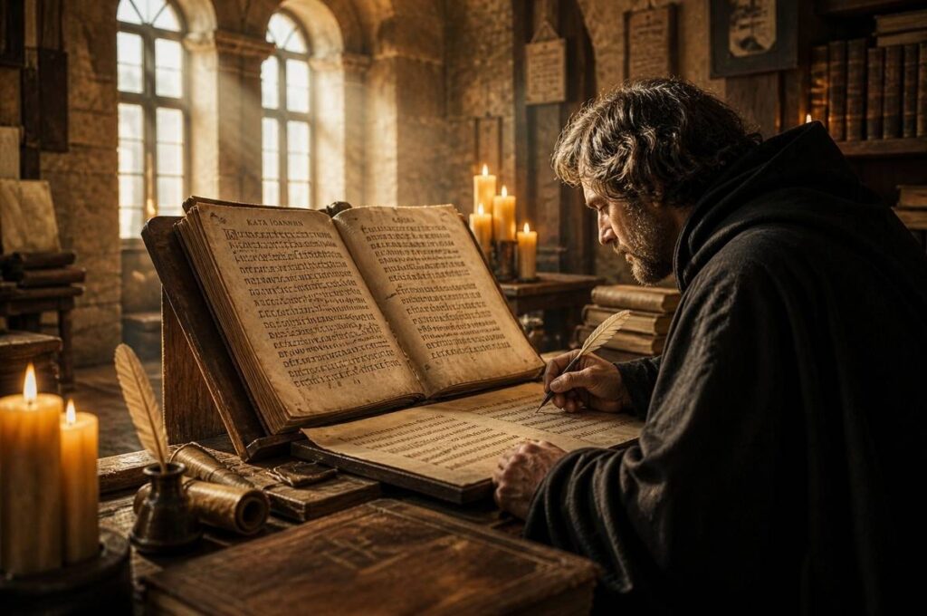 A Renaissance scriptorium with warm candlelight illuminating an open Greek manuscript being translated by a scholar in robes.