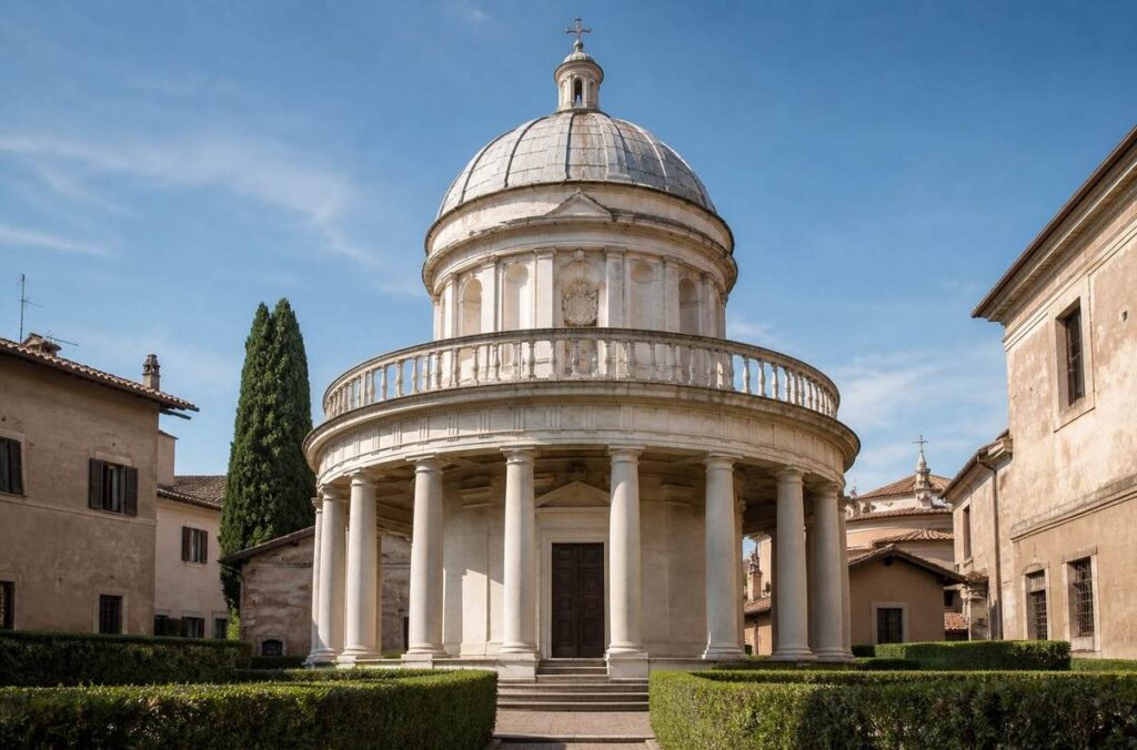 Classical Renaissance circular church with perfect Doric proportions and symmetrical harmony