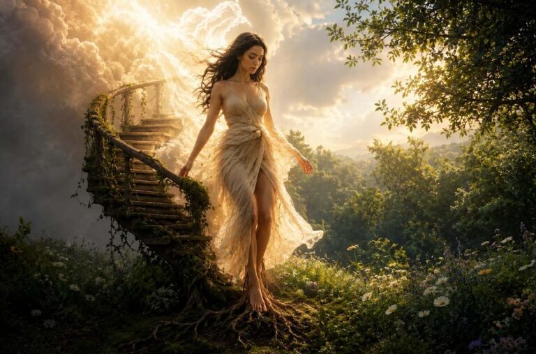 Figure descending from clouds into lush landscape with roots growing from feet into soil