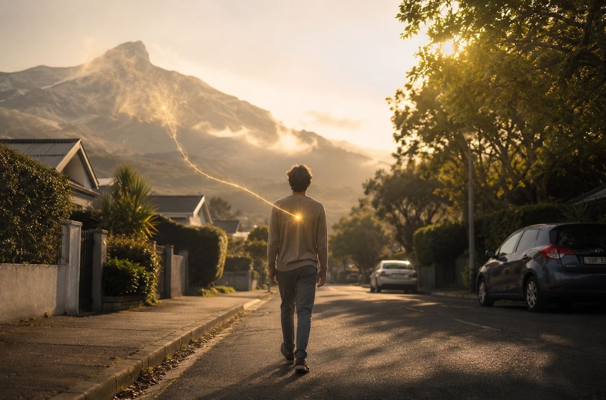 Person in everyday clothes walking from misty mountain path into sunlit suburban street