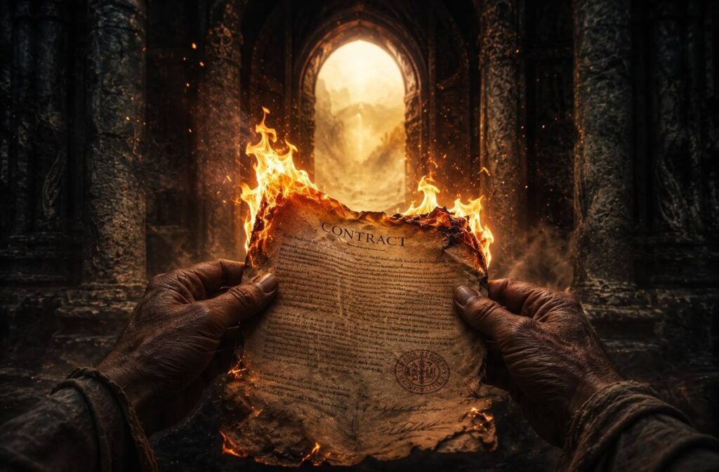 Hands holding burning parchment contract at stone threshold