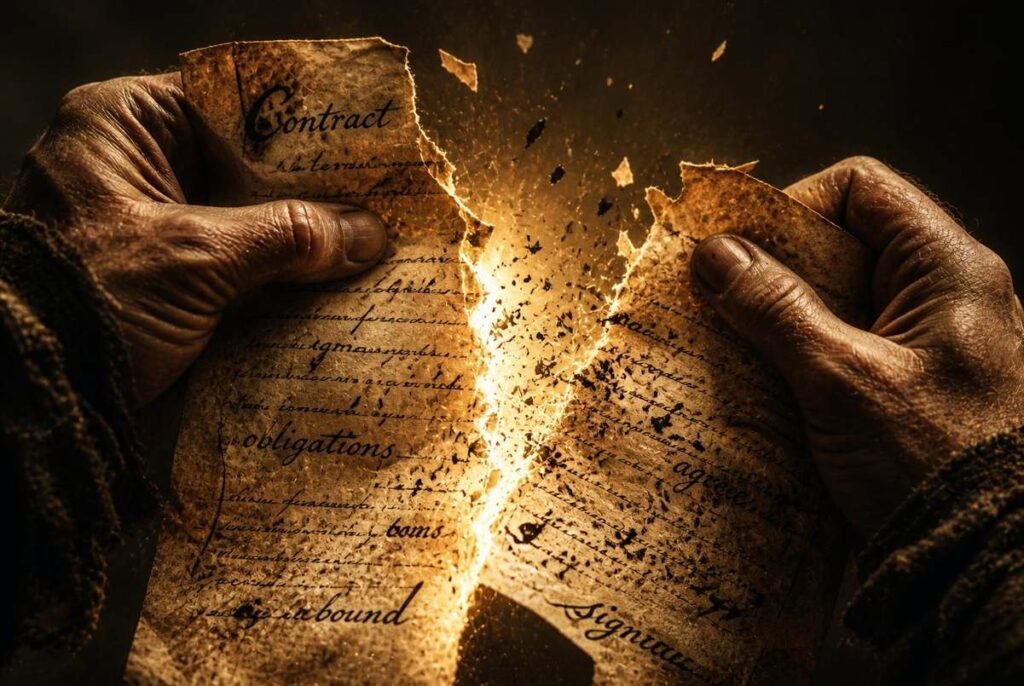 Close-up of hands deliberately tearing an ancient parchment contract in half, golden light emanating from the rupture.