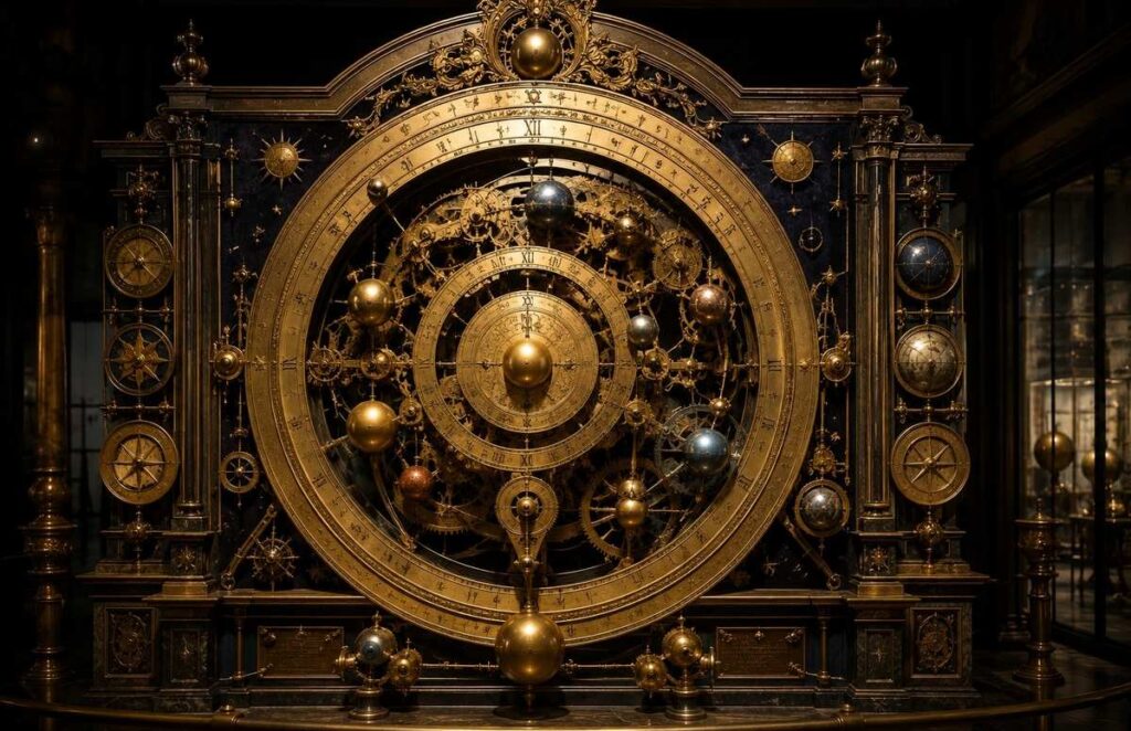 Intricate brass astronomical clock with gears and celestial spheres, representing cosmic cycles and the Principle of Rhythm