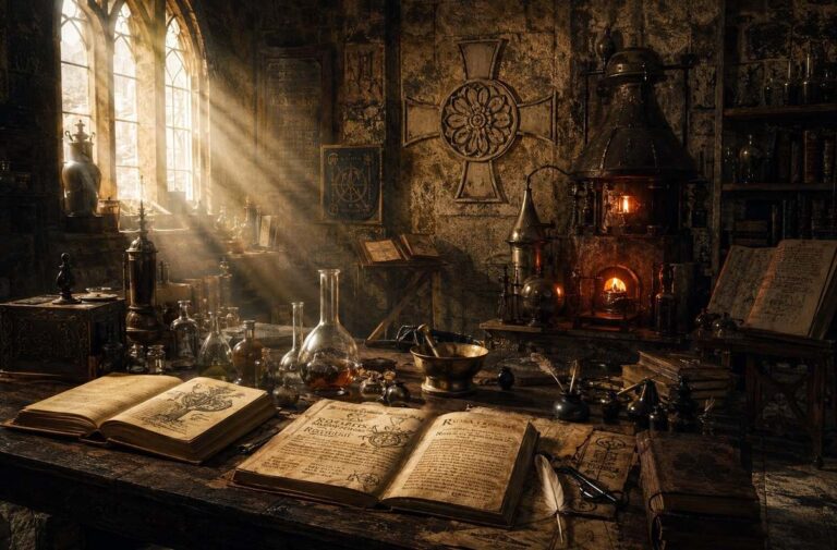 Seventeenth-century alchemical laboratory with rose-cross symbolism and Hermetic manuscripts