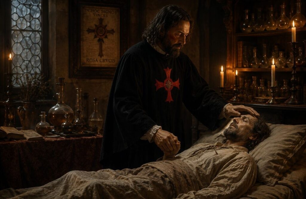 Seventeenth-century illustration of a Rosicrucian physician healing a patient with alchemical medicine