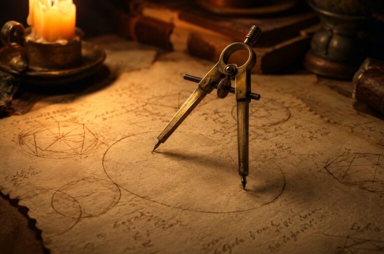 Brass compass drawing a perfect circle on aged parchment with geometric constructions visible beneath