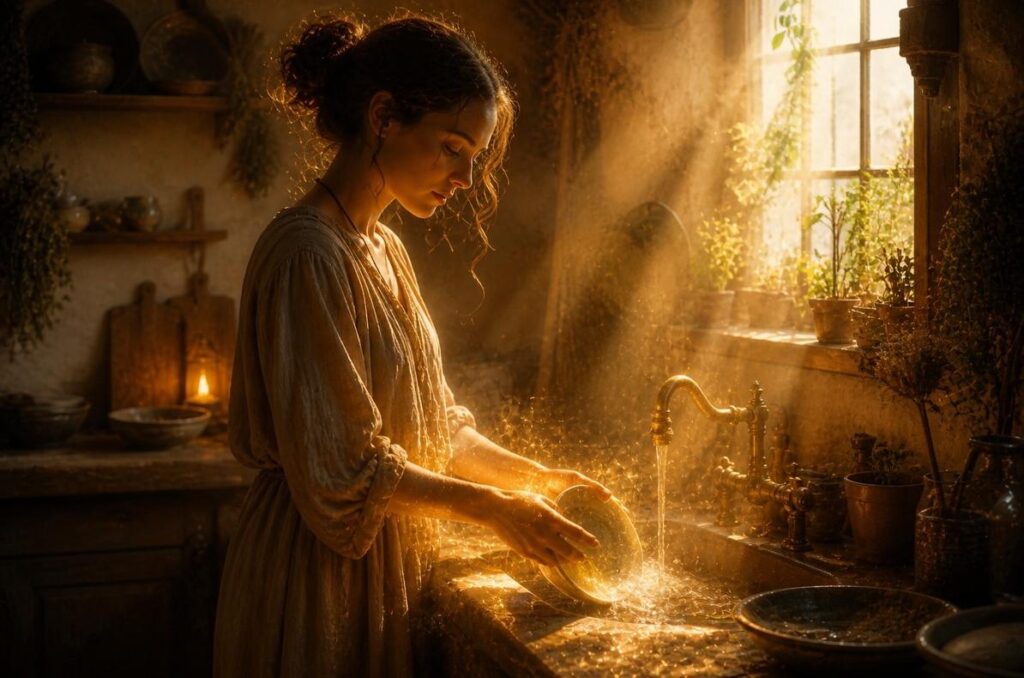 A person performing an ordinary daily task in a rustic kitchen with subtle golden light emanating from their hands, transforming mundane labour into sacred practice.