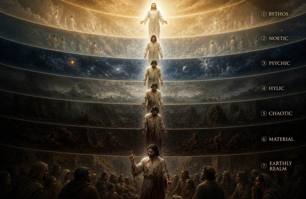 A white-robed figure descending through seven spheres, robe staining with clay and blood, reaching human beings below.