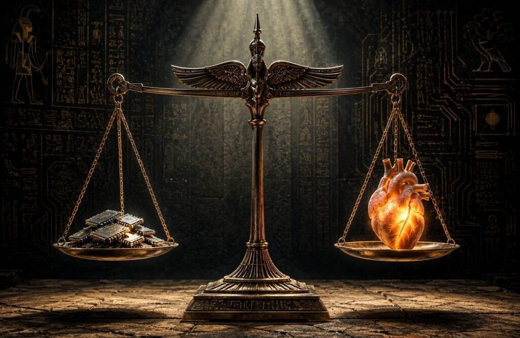 Ancient Egyptian scales balancing silicon microchips and glowing human heart