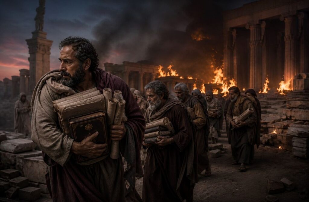 Ancient manuscript scrolls being carried by scholars fleeing a burning temple at dusk