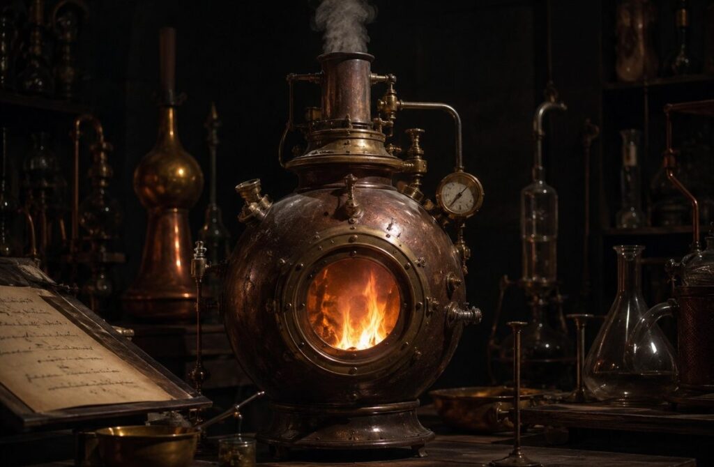 Ancient sealed alchemical vessel with controlled fire burning within, representing safe dissolution