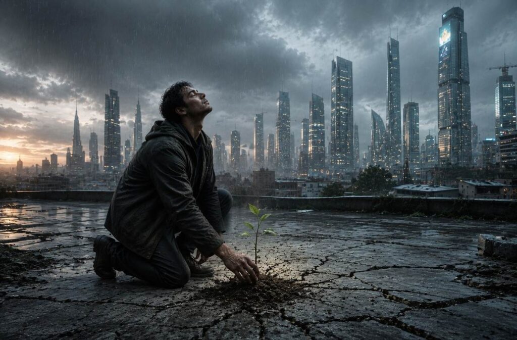 A figure planting a seed in cracked concrete with a green shoot emerging, cityscape behind, rain beginning to fall.