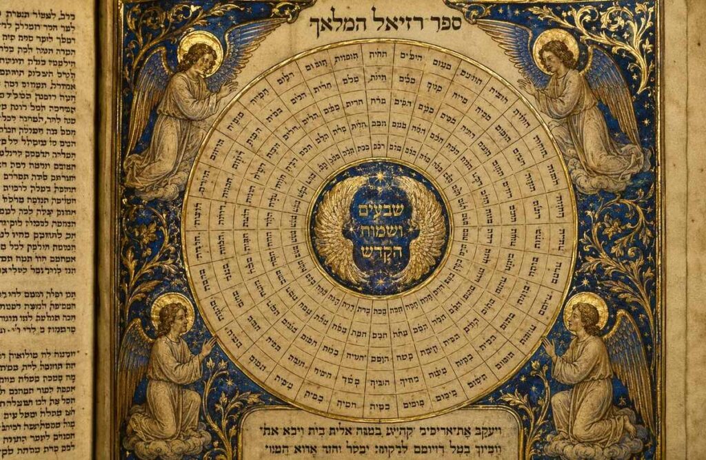 Medieval illuminated page from Sefer Raziel showing 72 names in circular mandala with gold leaf