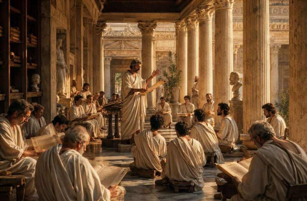 Interior of Serapeum colonnade with scholars reading scrolls and students gathered around lecturer