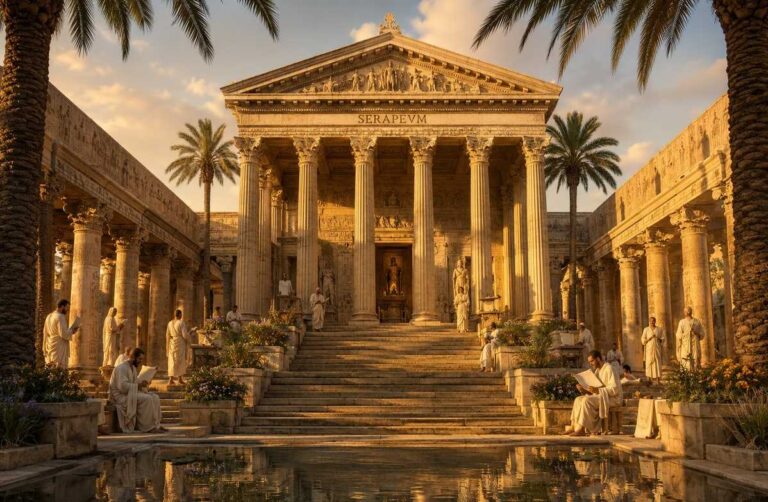 Ancient Serapeum temple at golden hour with scholars reading scrolls in colonnades