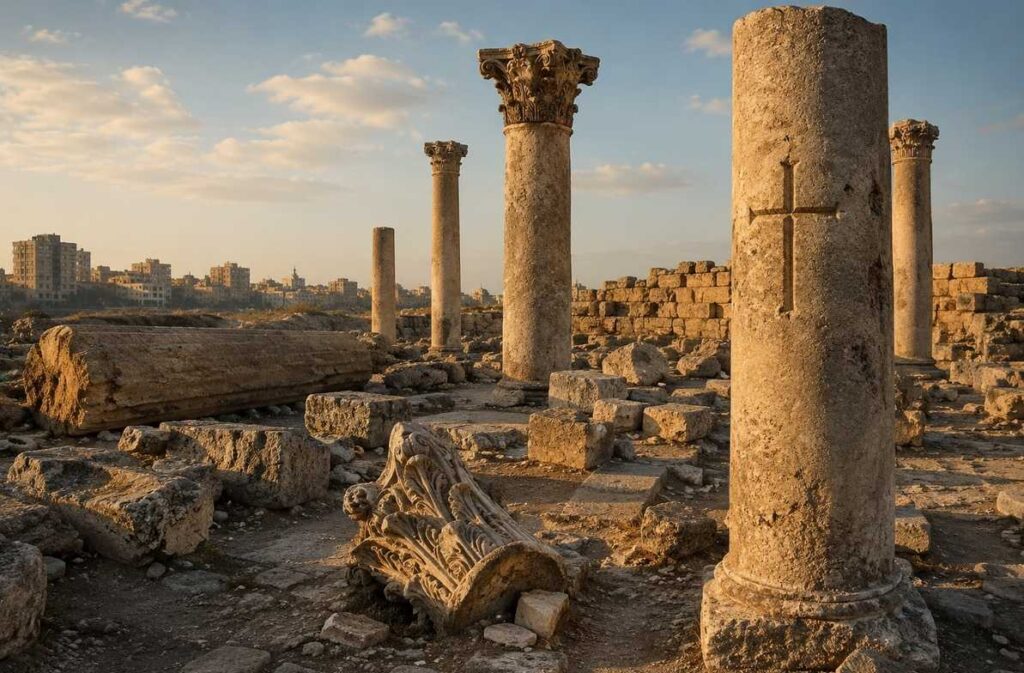 The ruins of the Serapeum temple in Alexandria with broken columns, scattered stone fragments, and a Christian cross carved into a remaining pillar