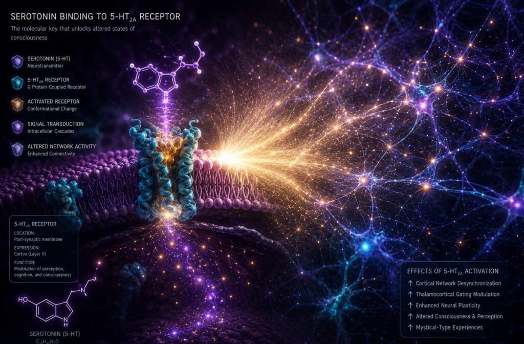 Serotonin molecule binding to 5-HT2A receptor on neural membrane