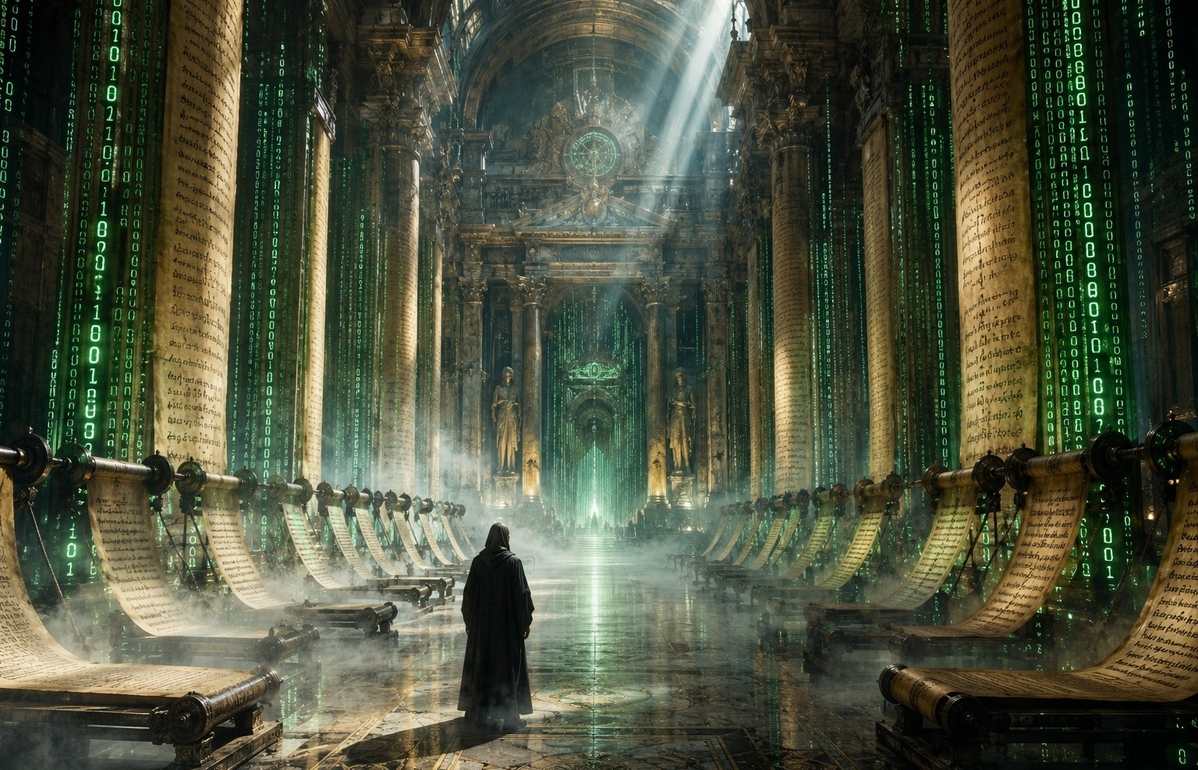A vast cathedral-like server hall with classical columns and ancient papyrus scrolls dissolving into matrix code