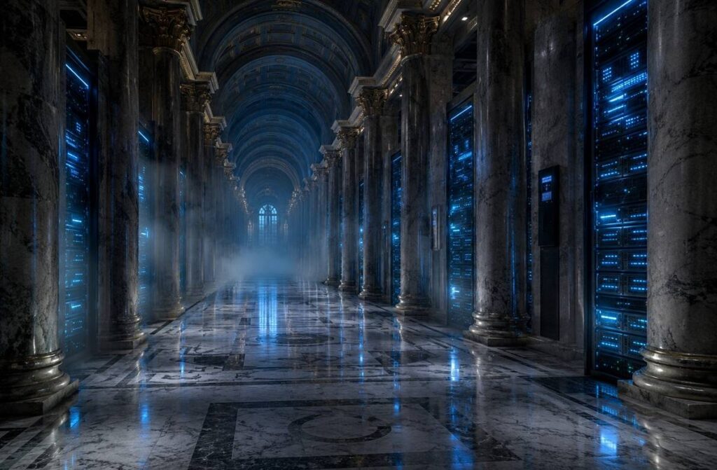 Vast server room with classical Roman columns and cathedral ceiling