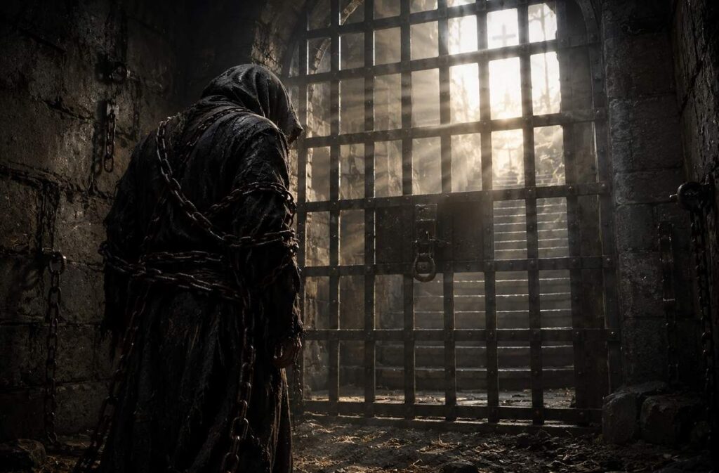 A figure in ancient robes wrapped in heavy dark chains and a tattered garment, standing before a barred gate with faint light beyond, representing the Sethian view of the body as prison
