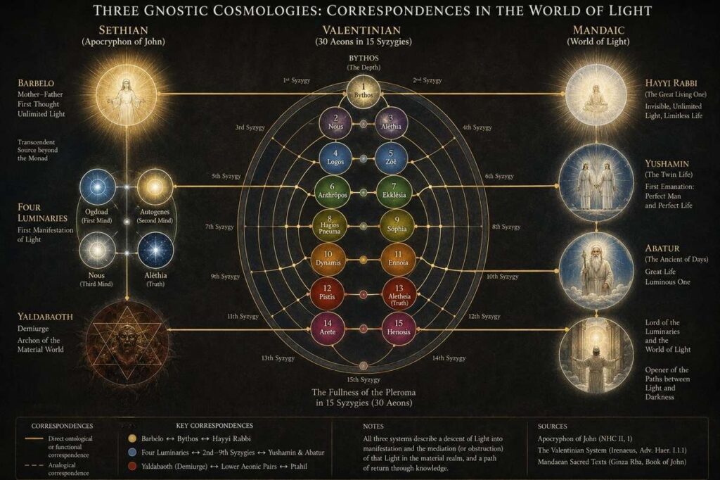 Three-column comparison of Sethian, Valentinian, and Mandaean cosmic diagrams
