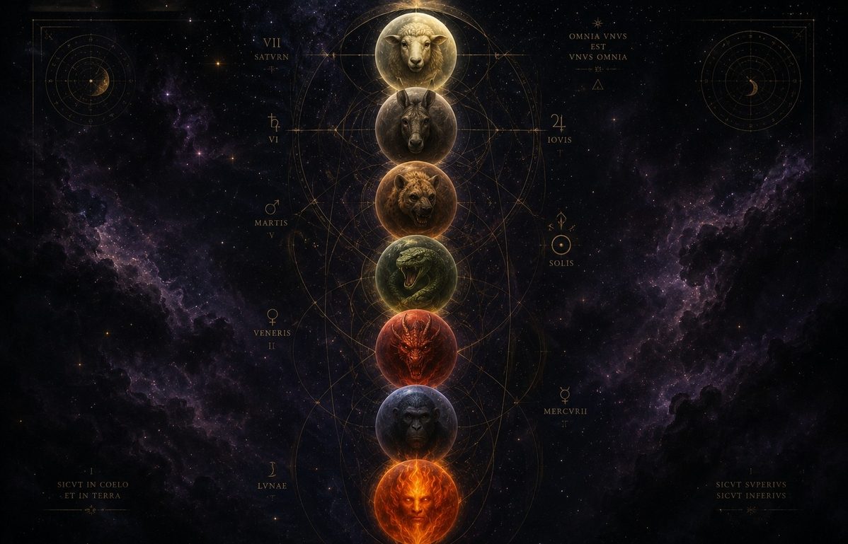 Seven planetary spheres containing bestial archon faces arranged as a celestial ladder in dark space