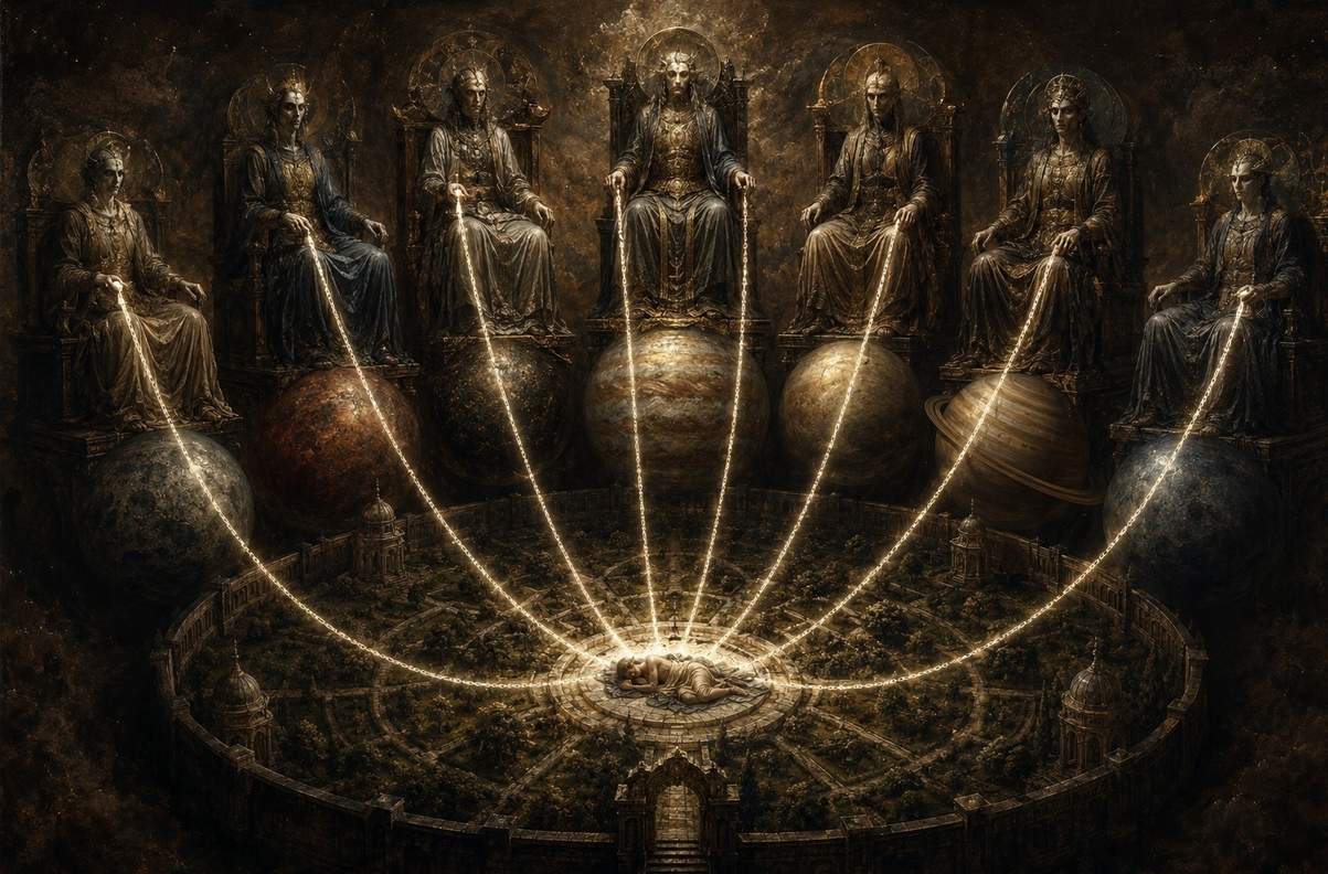 Seven androgynous archonic figures on planetary thrones casting shadows over a garden