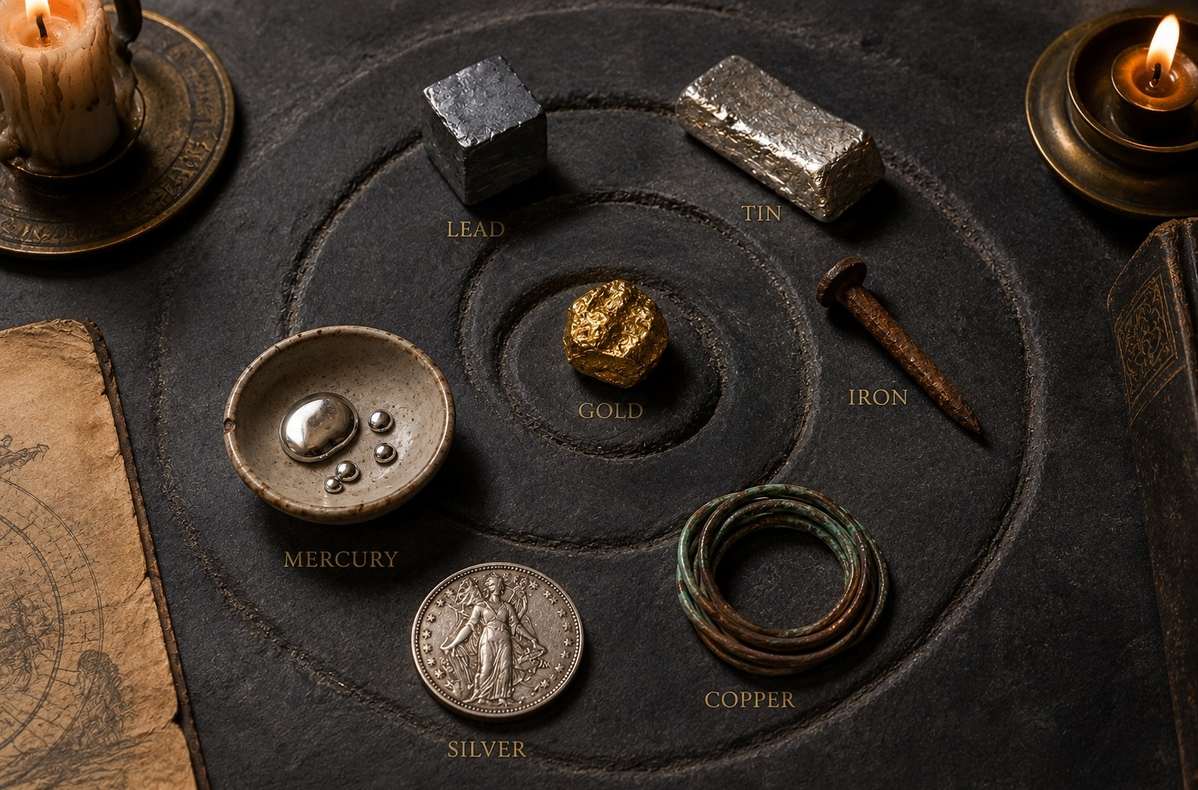 Seven metallic specimens arranged in a spiral on slate: lead, tin, iron, gold, copper, mercury, silver.