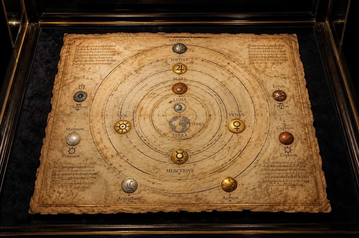 An ancient astronomical diagram on aged parchment showing seven classical planets in concentric circles with symbols and metal orbs.