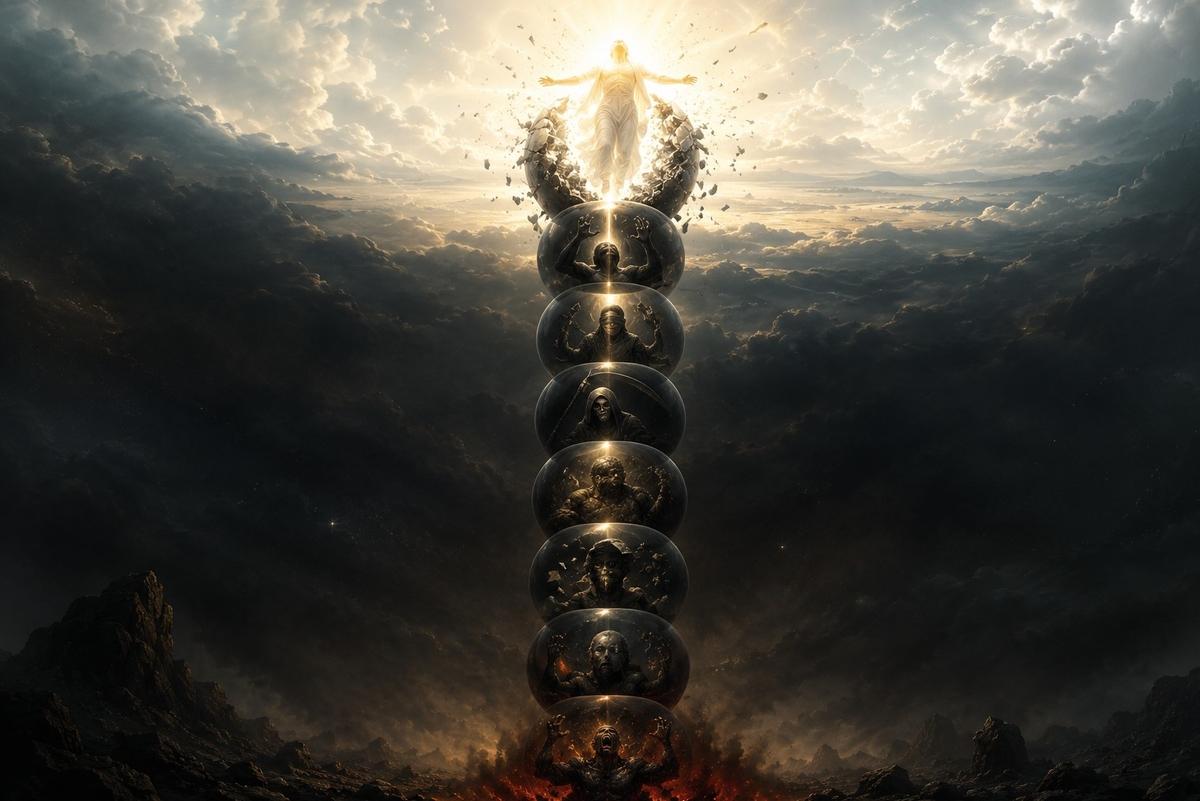 A luminous figure ascending through seven dark spheres containing shadowy powers